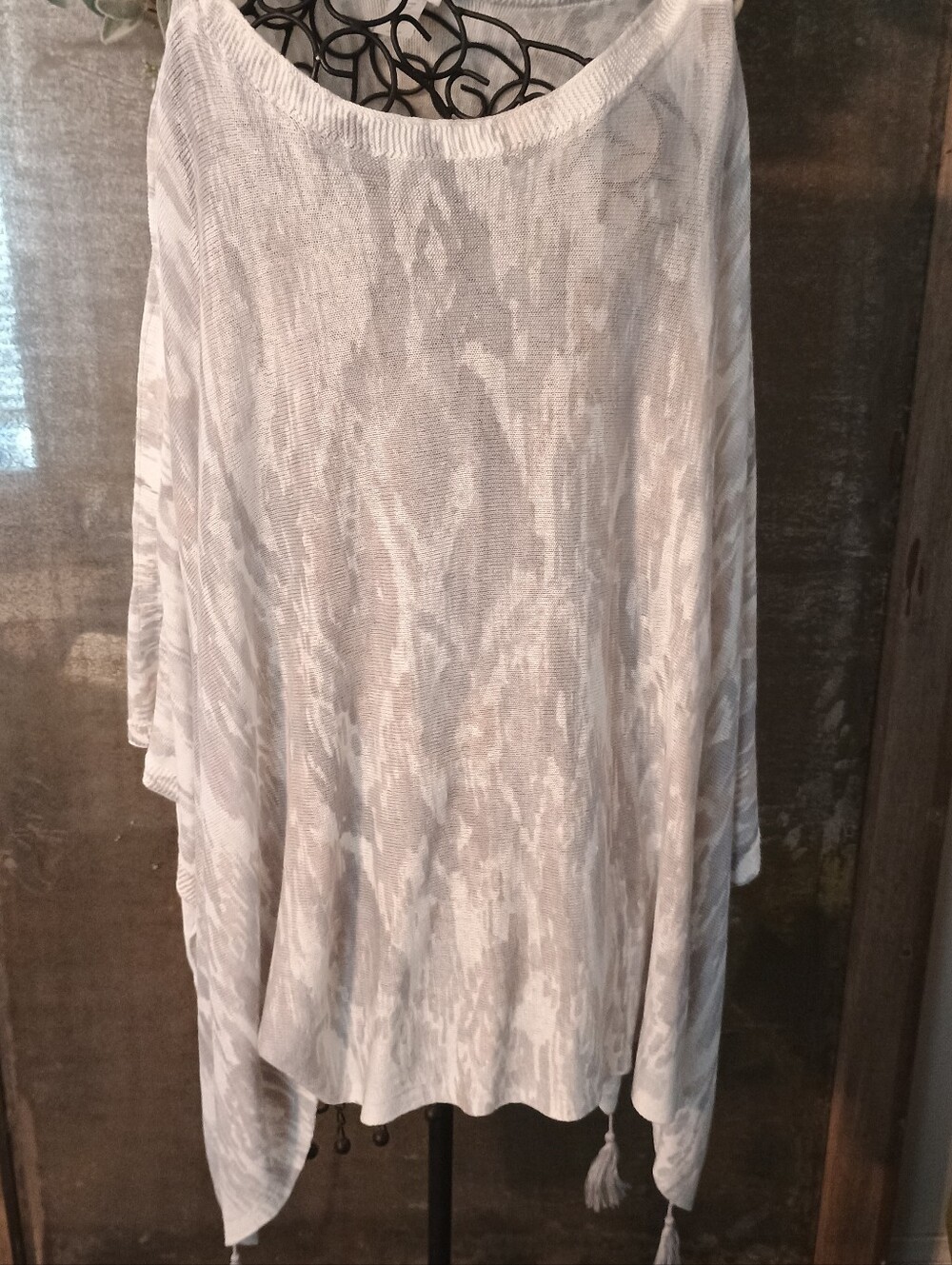 J. Jill Cream and Black Knit Poncho with Tassel Hem